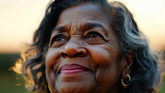 Close-up static video of elderly black woman with gentle smile, soft diffused light, blurred sunset background.