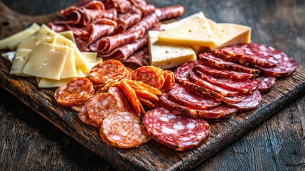 sausage and cheese slices on a board. selective focus