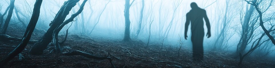 Obraz premium Mysterious silhouette in foggy forest at dusk, spooky ambiance