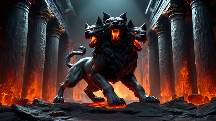Cerberus, the three head guardian of the entrance to the underworld in Greek mythology. 
