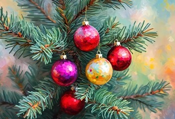 Sparkling ornament balls in vibrant red and gold hang from a lush spruce tree branch. Soft, warm lights twinkle enhancing festive spirit of Christmas. Happy New Year. Art drawing. Generative AI