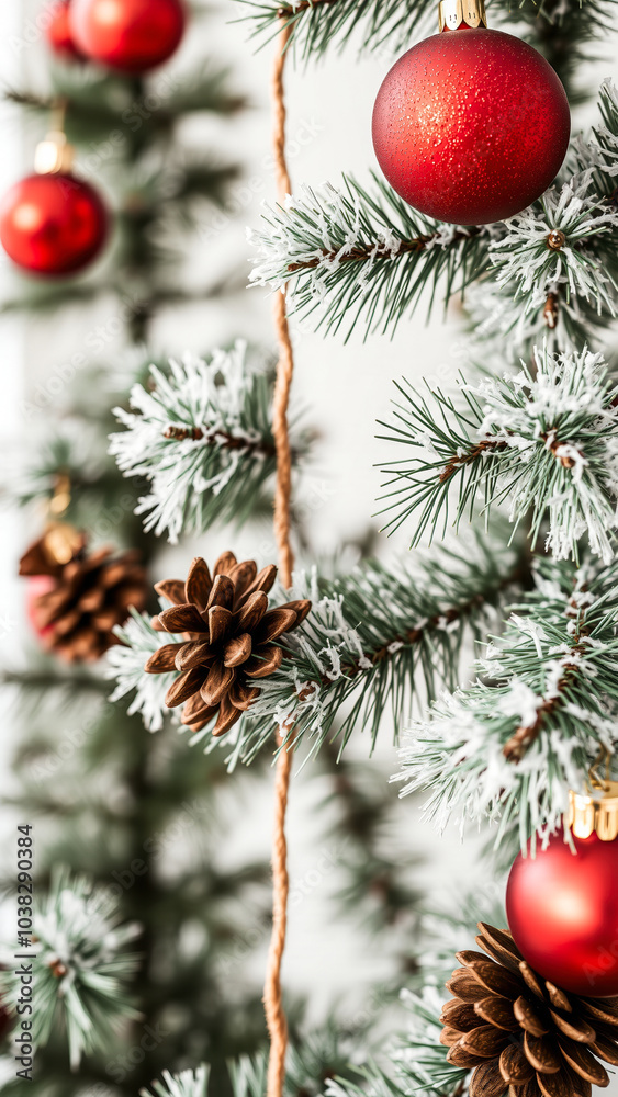 Wall mural snowy evergreen branch with pine cones ornaments