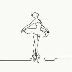 ballerina gracefully dances on pointe, black and white drawing, flat colors