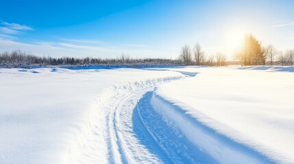 Obraz premium Snowy landscape with tire tracks and a bright sun in a clear blue sky
