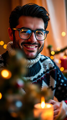 young man smiles joyfully by candlelight