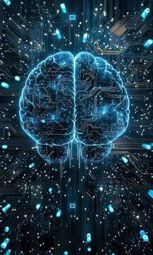 Digital brain in futuristic low poly wireframe background vertical video. Artificial intelligence brain vertical video.	