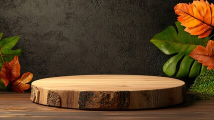 Rustic wooden display with autumn foliage
