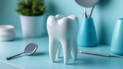 Minimalist dental hygiene banner with a detailed tooth model dental mirror and tools on a light blue background perfect for professional dental care promotions and educational purposes