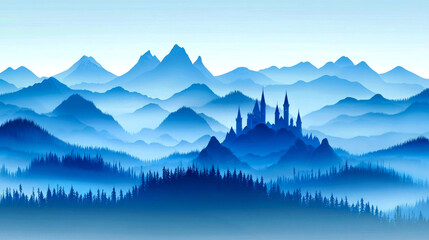 Obraz premium A distant castle silhouette rises above a misty mountain range with blue hues.