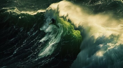 A surfer riding an enormous wave, the water is dark green and white