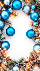 festive blue baubles lights adorn snowy pine branches