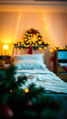 hospital bed decorated with a festive wreath