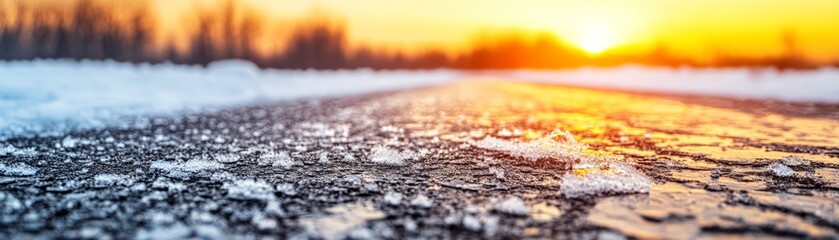 Snowy road with ice, sunset background, winter scenery.