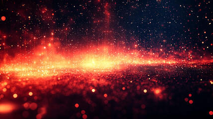 Fototapeta premium Abstract background with red and orange glitter and bokeh lights on a dark background.