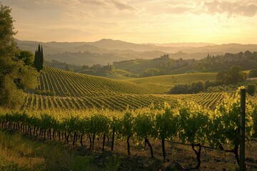 Naklejka premium Sunset Over Rolling Vineyards Bathed in Golden Light
