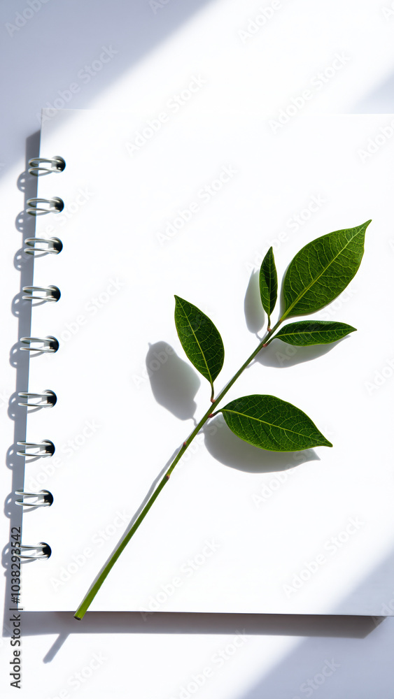 Poster green branch on a white notebook