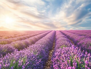Naklejka premium Lavender Fields in Full Bloom Under Bright Sunlight