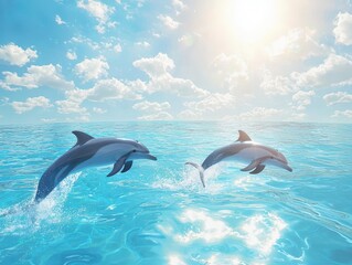 Playful Dolphins Leaping in Bright Ocean Waters