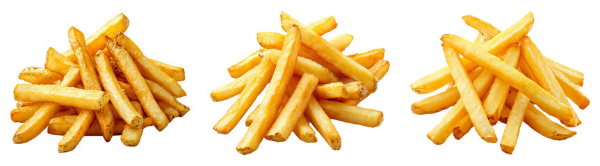 Realistic servings of french fries in golden crisp texture isolated on transparent background perfect for fast food menus or snack ads
