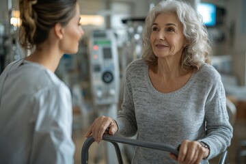 A senior woman using a walker, assisted by a physical therapist in a rehabilitation center. Generative AI