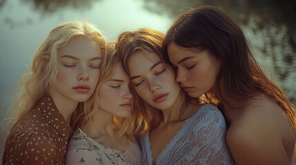 Fototapeta premium Four girls with freckles are standing by the water, their faces with their eyes closed seem to reflect the tranquility of nature around.