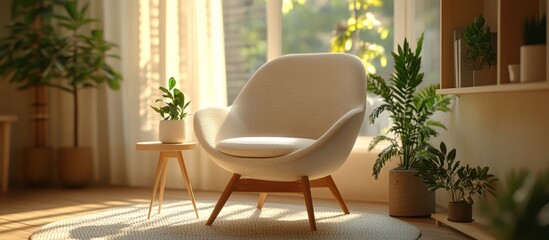Modern white armchair with wooden legs and a side table in a bright living room with large windows and potted plants.