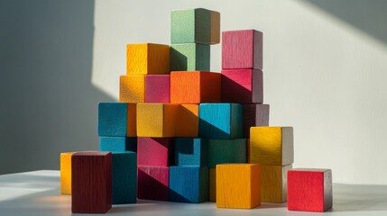 A meticulously crafted block-building station within a minimalist studio, Vibrant blocks precisely positioned, Modern minimalist style