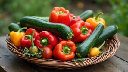 Farm fresh red bell peppers and green zucchinis in rustic basket on wooden table