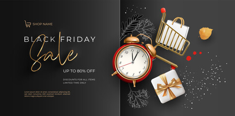 Abstract background of Black Friday sales with golden shopping cart, gifts and alarm clock