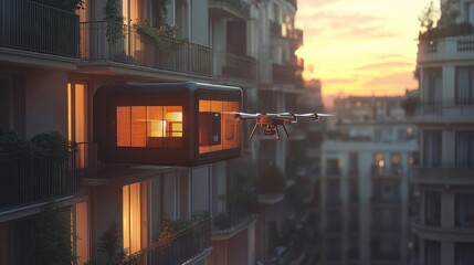 Obraz premium Touch of Technology: Drone Delivery to Urban Balcony