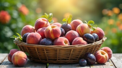 Fresh peaches and plums on rustic picnic table in a sunlit garden