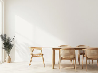 modern dining room featuring wooden table and chairs, complemented by potted plant. bright, airy space is enhanced by natural light streaming through large windows, creating serene atmosphere