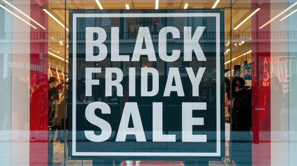 Black Friday sale sign in store window, attracting shoppers with excitement
