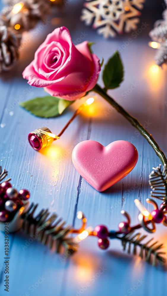 Canvas Prints pink rose heart with warm fairy lights