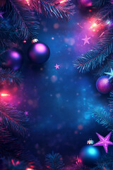Christmas layout with christmas tree branches, christmas decorations in vibrant neon glow. copy space. top view. flat lay