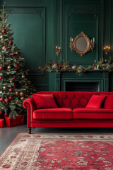 Obraz premium Christmas living room, vintage style with red velvet sofa and decorated christmas tree in background, warm lighting and shabby chic decoration elements including fireplace, dark green wall 
