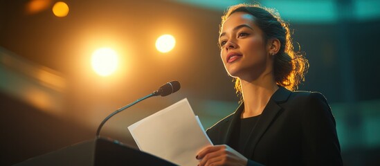 Confident businesswoman giving a speech on stage, looking away from camera.