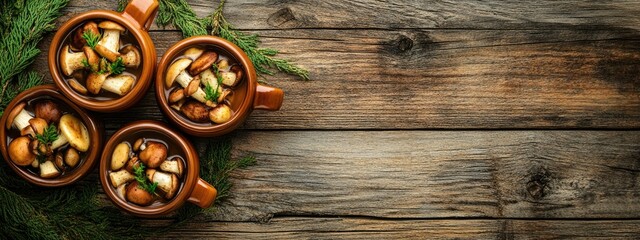Fototapeta premium top view Wild mushrooms in brown cups on rustic wooden background