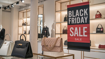 Stylish boutique showcasing handbags with Black Friday sale sign