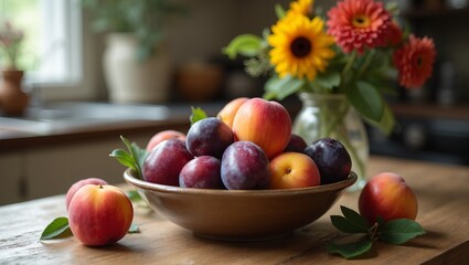 Fresh ripe plums and apricots in a ceramic bowl in a rustic kitchen setting