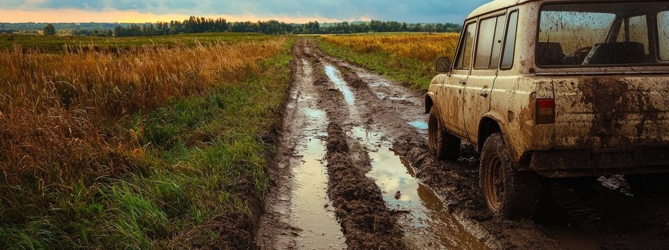 SUV drives through the swamp. selective focus
