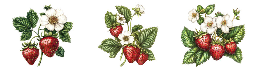 Realistic hand-drawn strawberry plant illustrations with flowers and leaves isolated on transparent background perfect for botanical designs or garden product packaging