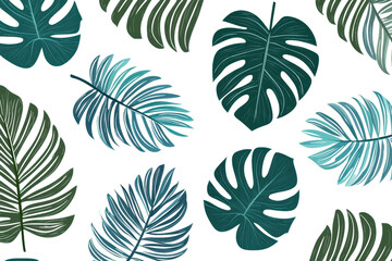 Fototapeta premium Colorful tropical leaves pattern on a transparent background. featuring various shades of green and blue for vibrant, exotic design elements.