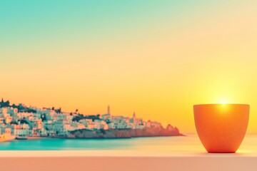 Sunset view with cup by the ocean and coastal town in distance