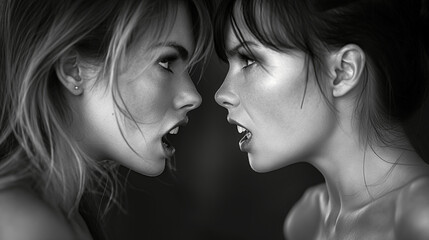 Fototapeta premium Two women in a heated argument face-to-face in dramatic black and white