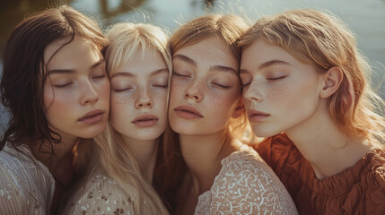 Obraz premium The faces of girls with freckles and closed eyes convey an atmosphere of peace and harmony against the background of nature.