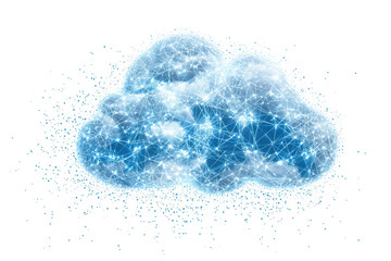 Digital cloud of glowing connections symbolizing network data exchange and futuristic technology in a transparent blue design.