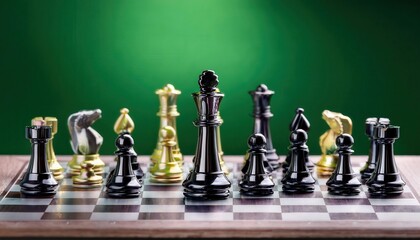 High contrast luxury chess set with gold and black metallic pieces on a reflective board with vibrant green backdrop. showcasing elegance and strategy in competitive board game hobby or decor