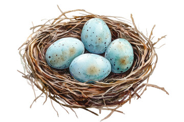 Fototapeta premium Decorative nest with four blue speckled eggs on a transparent background. symbolizing nature, growth, and the beauty of springtime beginnings.