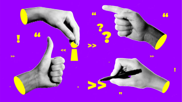 Set of halftone images of hands. Pop art retro style illustration